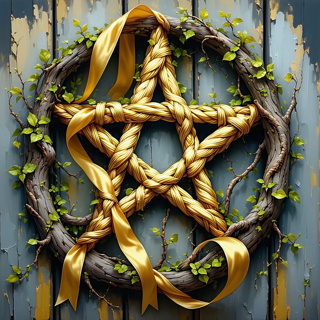 AI generated: A gold pentacle wrapped in gold ribbon  tree vines wood branches extra detailed 