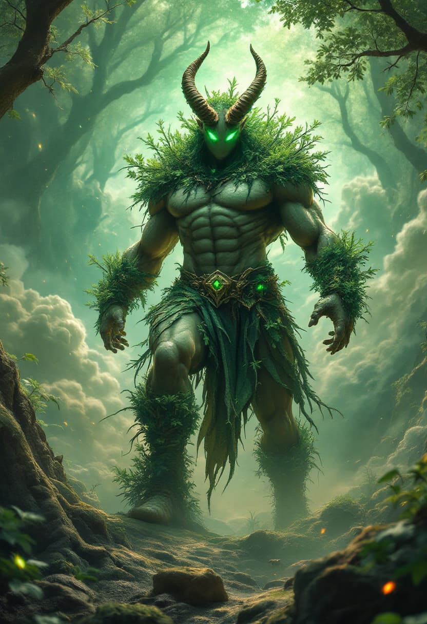 AI generated: God of Forest, full-body, Etherial, muscular, No mouth or hair, Glowing Green eyes, epic, cinematic,...