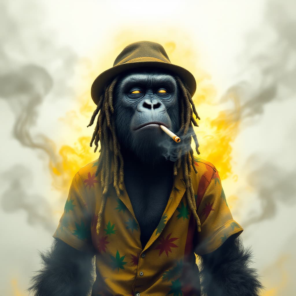 AI generated: Hyperrealistic animated image of a standing black gorilla, he has dreadlocks and a hat on his head, ...