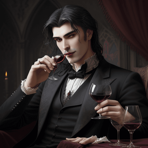 AI generated: a portrait of elegant handsome, dark bohemian vampire, show the fangs, man, male, bored, with a cupl...
