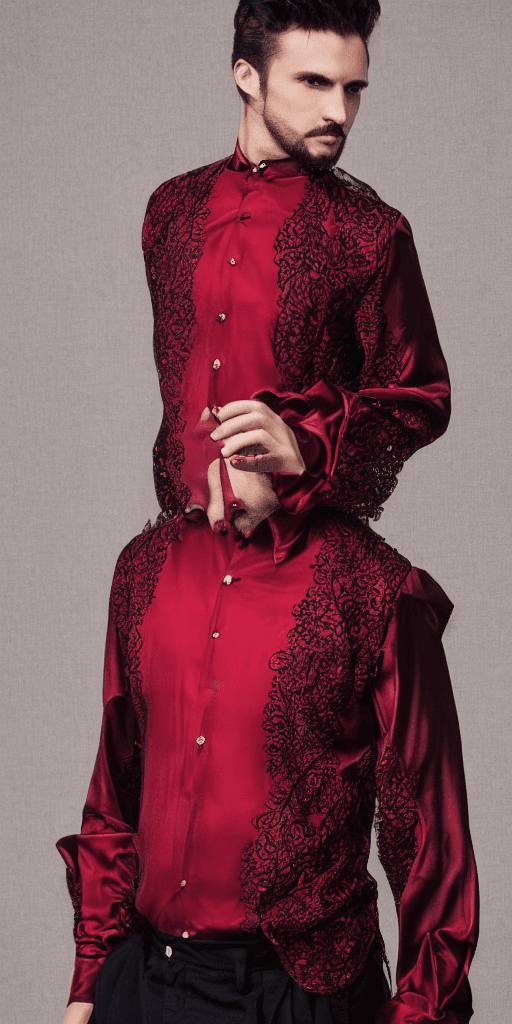 AI generated: man's scarlet shirt in gothic style on the white background, material silk, puff sleeves, very symme...