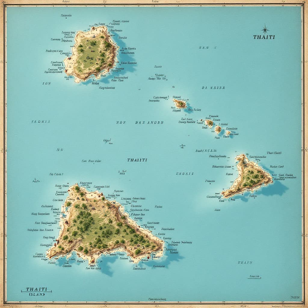 AI generated: a map of the different thaiti islands in colonial style