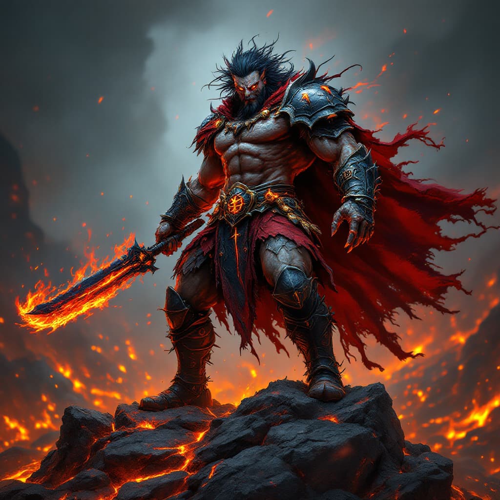 AI generated: A full-body dynamic shot of a Bloother, a fierce warrior from the volcanic Llanuras de Cendra, stand...
