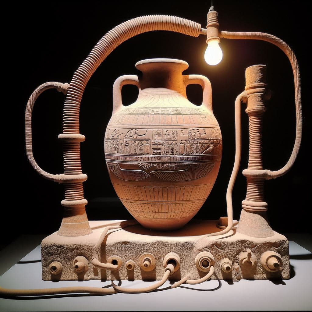 AI generated: Archaic Egyptian battery which consists of an amphora and 2 wires leading to an unusual shaped lamp ...