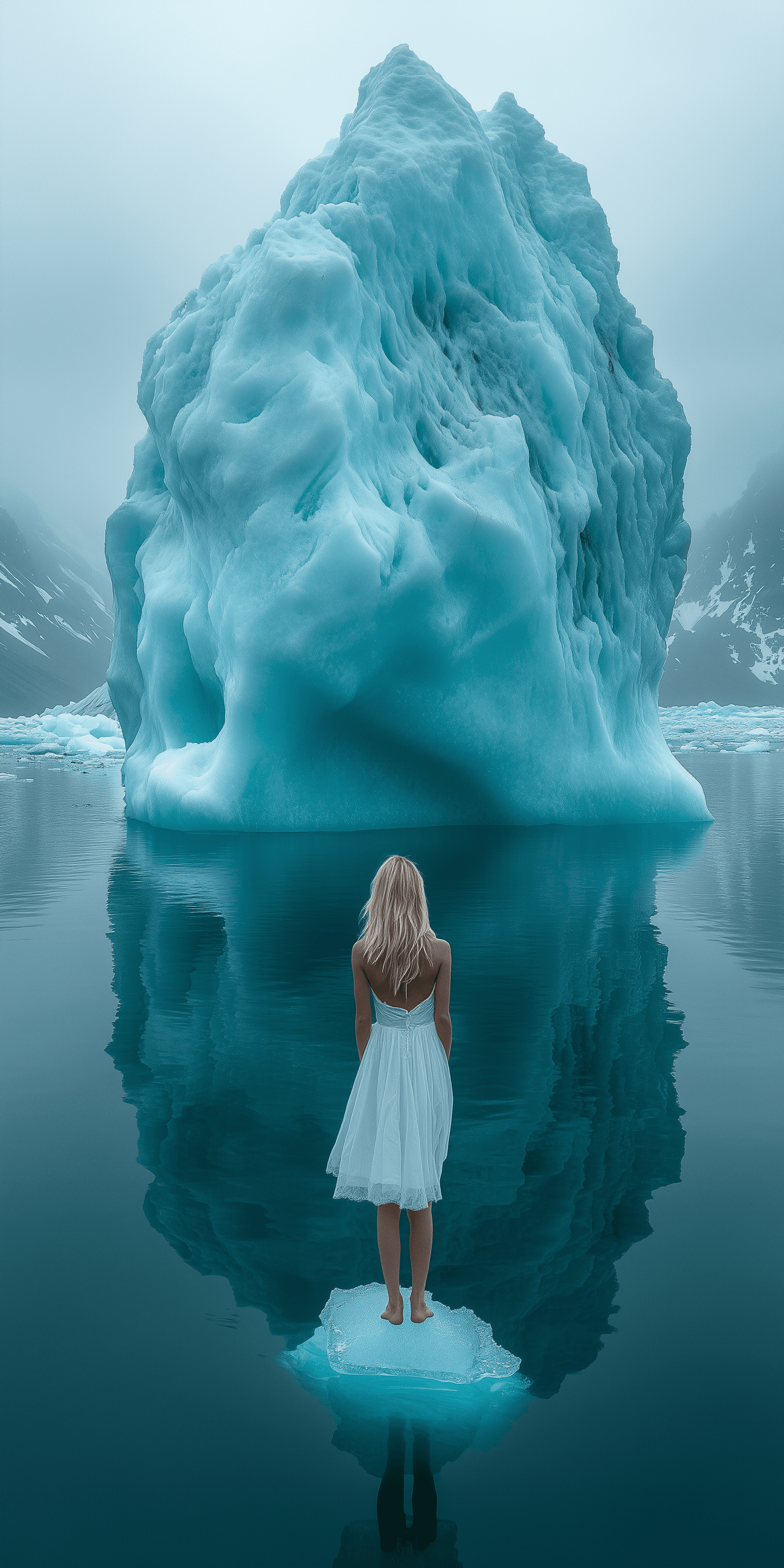 AI generated: A blonde girl in a white dress standing at the end of an ice dock, floating on a large blue iceberg ...