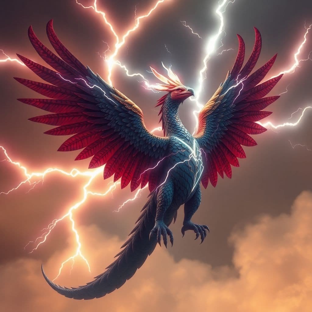 AI generated: Quetzalcoatl with it's wings made of lightning.