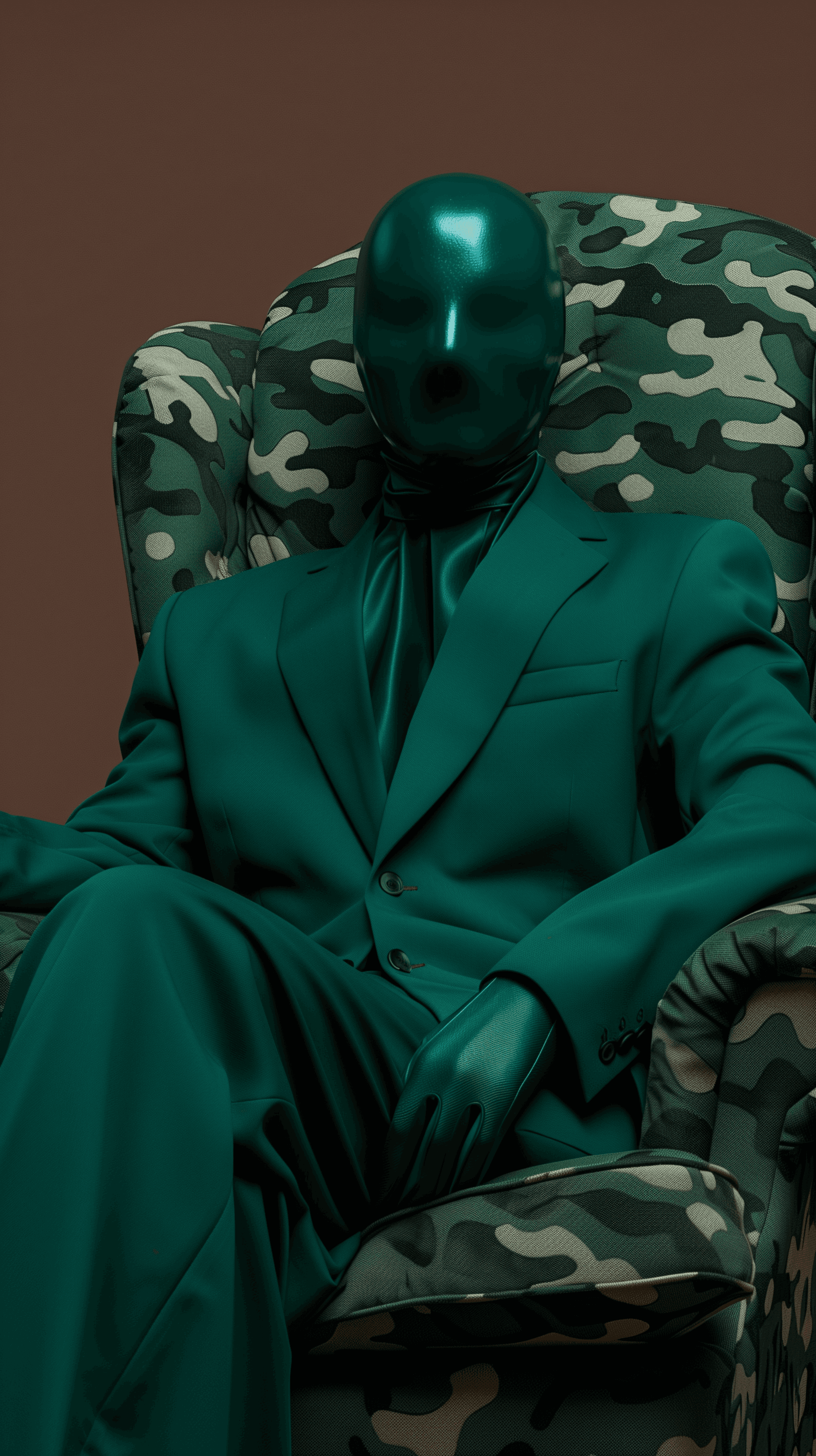 AI generated: figure dressed in a deep green suit with a matching mask covering the entire head, seated in a camou...