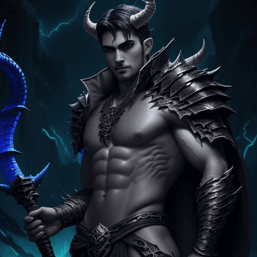 AI generated: A dark short hair male necromancer with scales, a staff, lightning background, dark fantasy style, h...