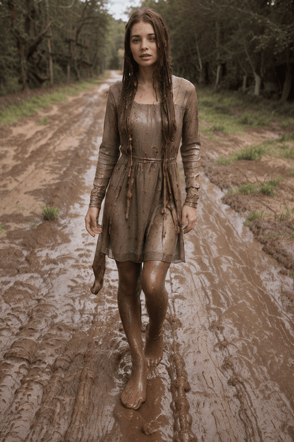 AI generated: ((no shoes), ((muddy skin), fit brunette standing on a road, (muddy face, muddy hair), (long muddy d...