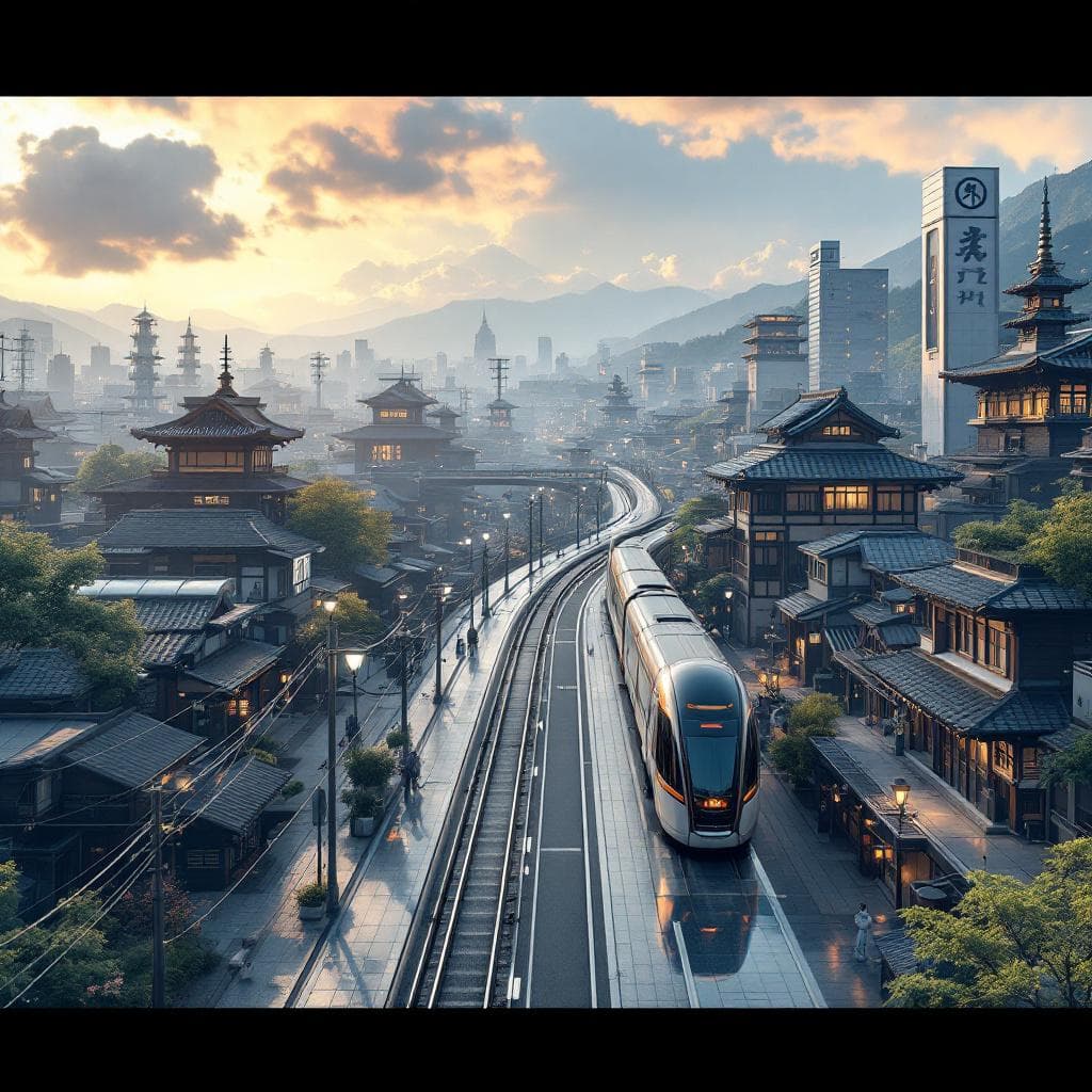 AI generated: Display an aerial view of a sleek, futuristic Old Japanese City, a reminder of the rough terrain of ...