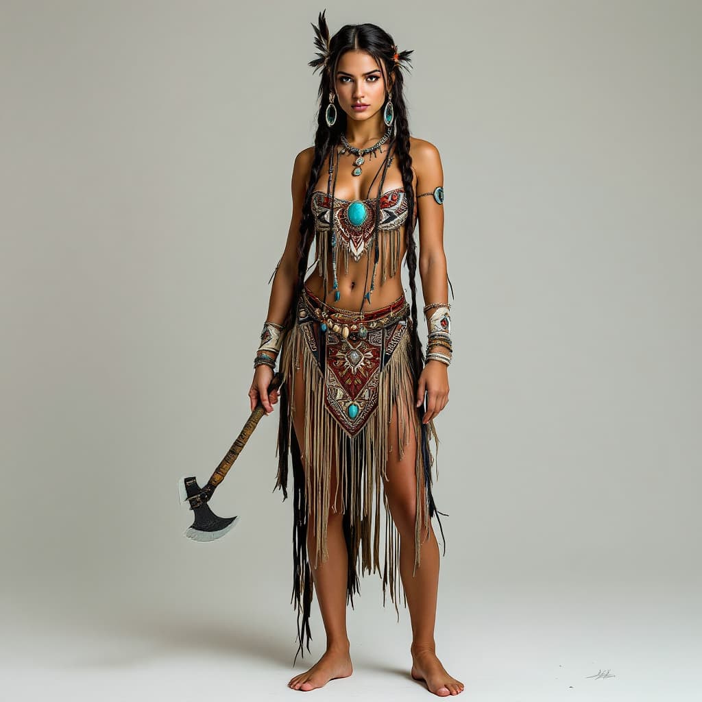 AI generated: Full body view a sexy young woman with long, dark hair styled in braids. She has a determined and fo...