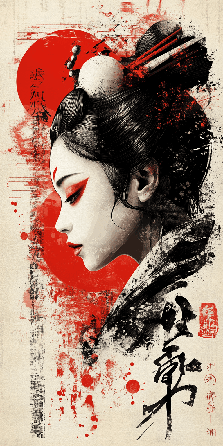 AI generated: A cyberpunk-inspired digital art piece featuring an elegant geisha face with bold black and white li...