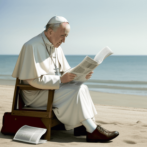 AI generated: full shot of pope francis reading newspaper, on the beach, wearing hunting boots, natural afternoon ...