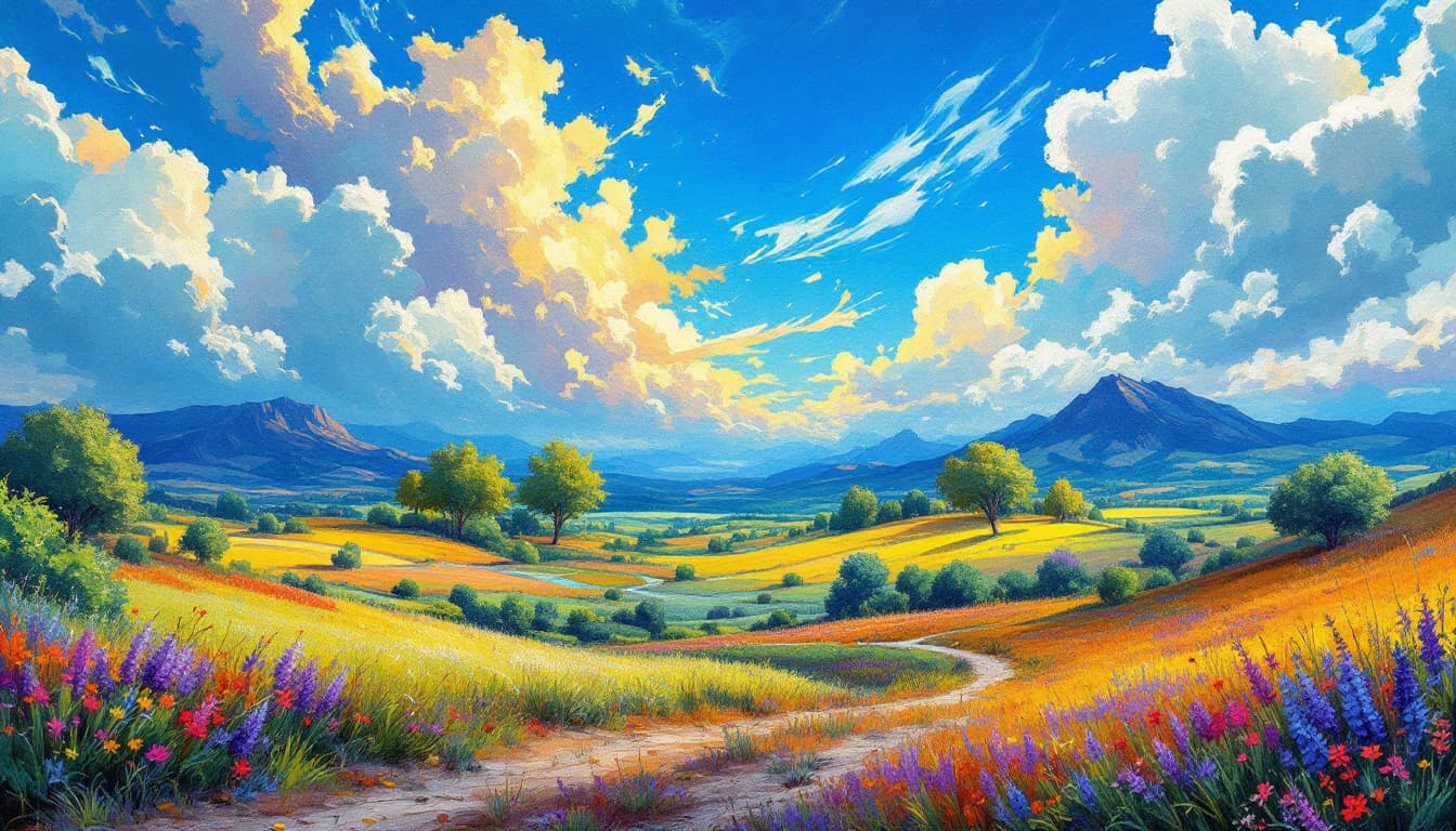 AI generated: A stunning landscape featuring a vivid, supersaturated sky and vibrant scenery.
in style of impressi...