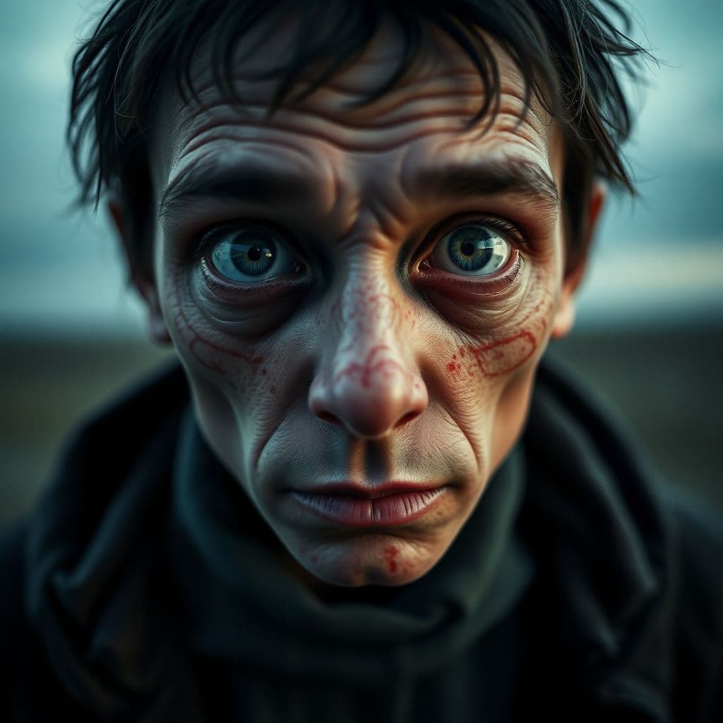 AI generated: unsettling barely-human thing looks directly into camera, hyper realistic