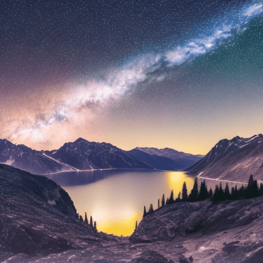 AI generated: High resolution photography of night sky. Many stars. In bottom visible lake and mountains. Enormous...
