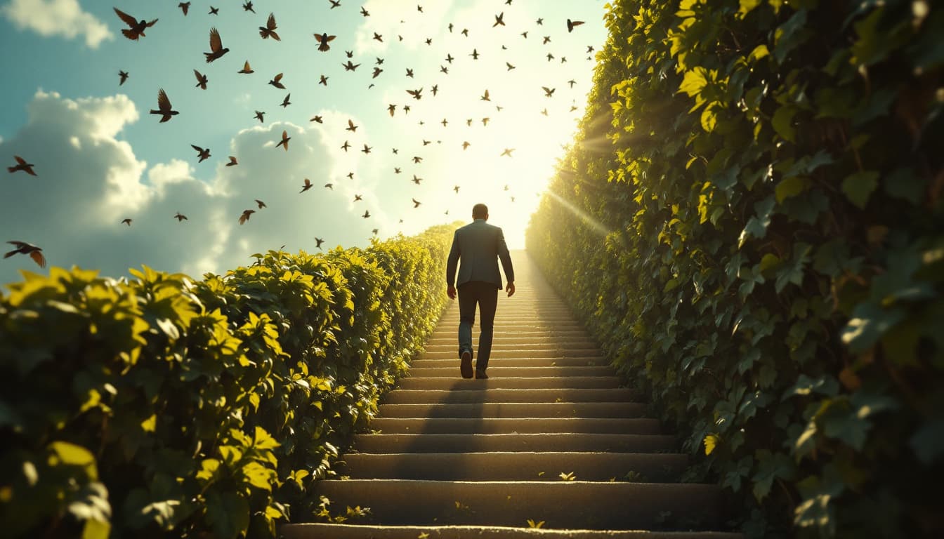 AI generated: Prompt: The man climbs a staircase of light lined with ivy, camera tilting wildly (Dutch Angle) as s...