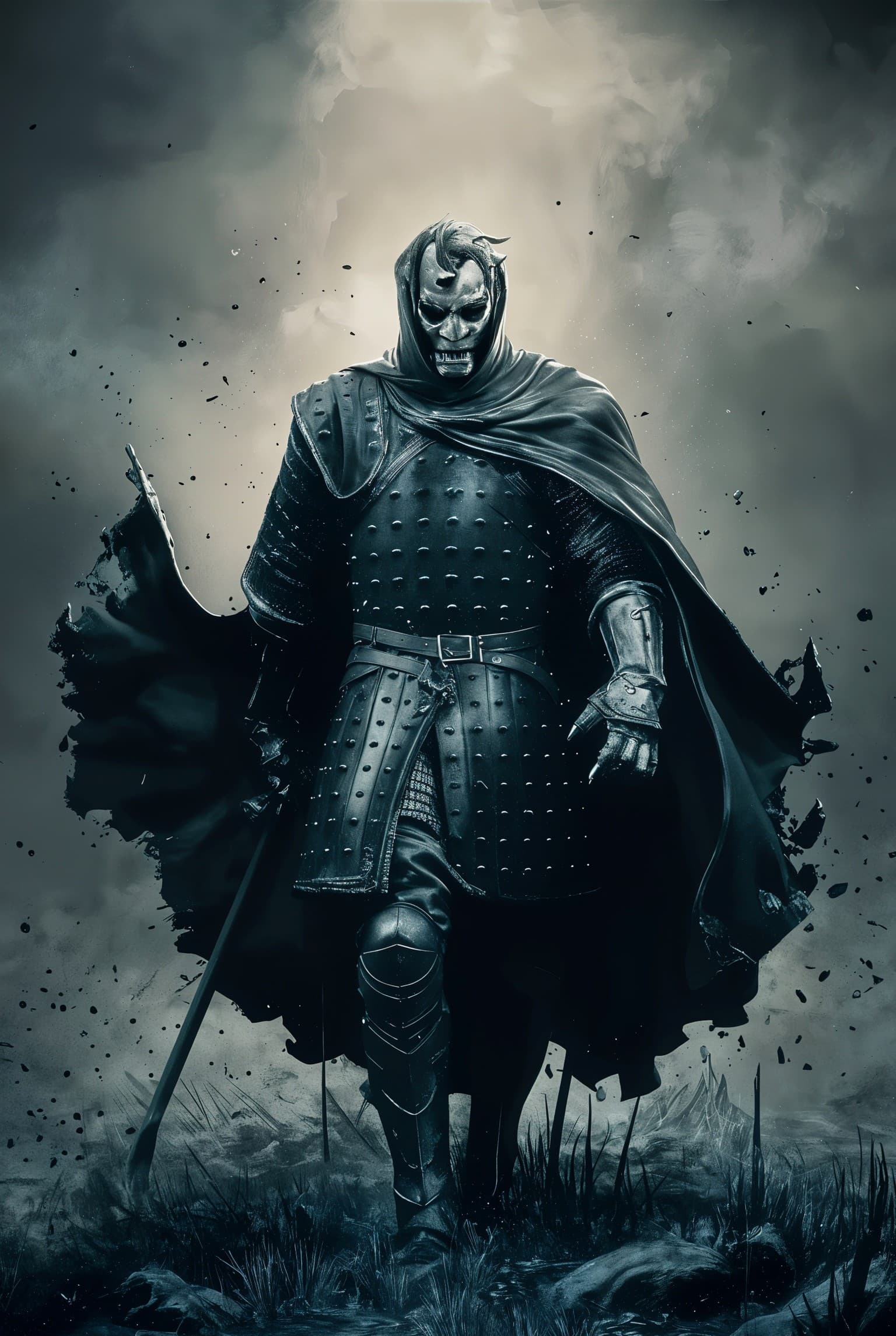 AI generated: medium close up, stunning illustration of a demonic warrior in black medieval armor, masked face, cl...