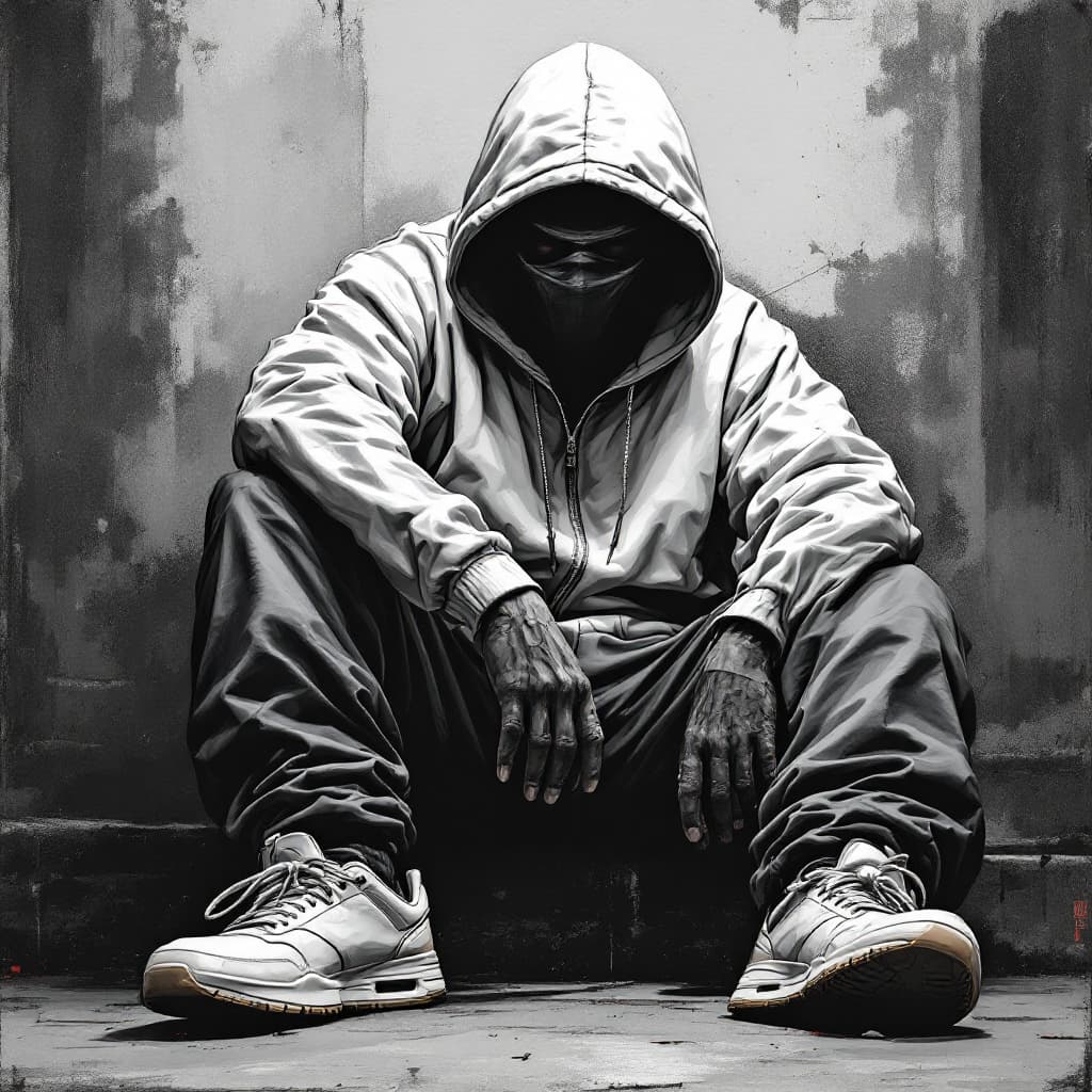 AI generated: arafed image of a man in a hoodie and sneakers, high detail iconic character, grime, background artw...