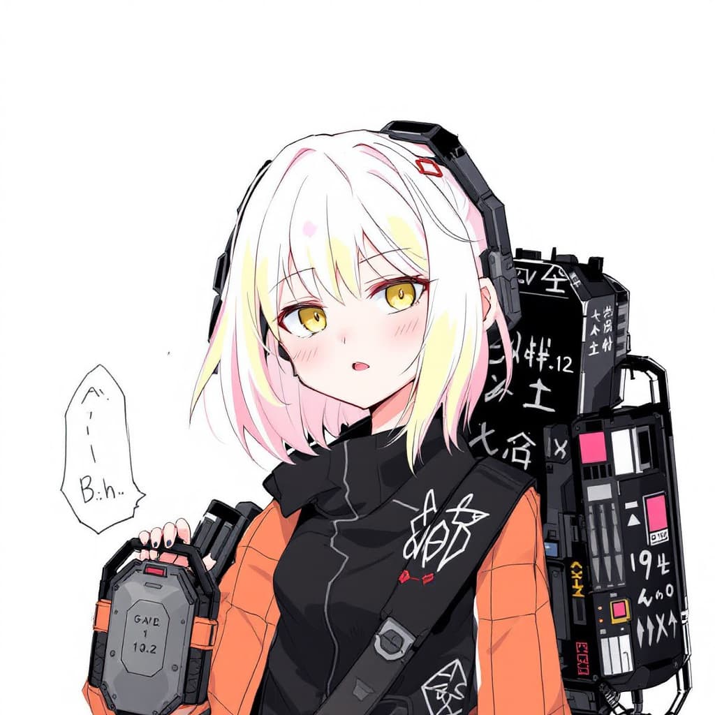 AI generated: 1 girl, solo, simple background, gun bag on hand, techwear, (iridescent hair1.2), mechanic, hair hig...