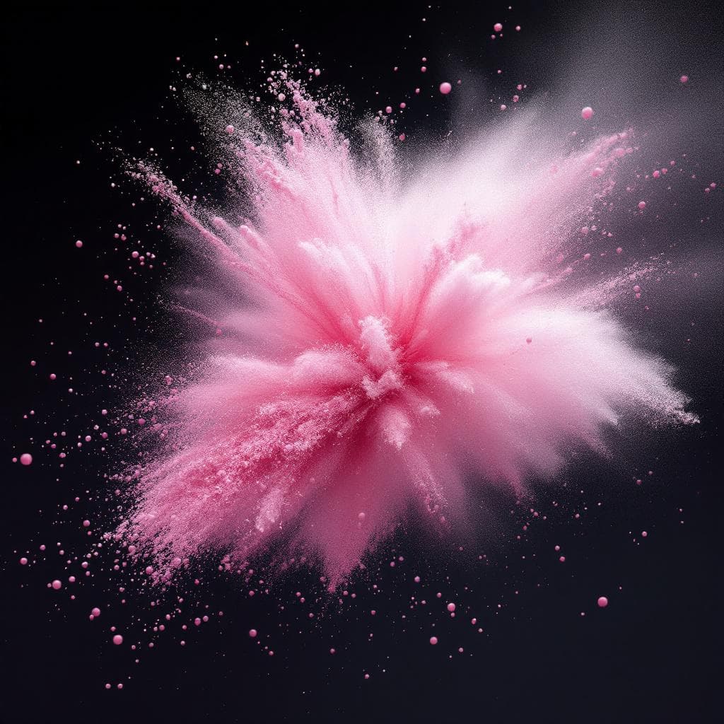 AI generated: Commercial photography, powerful explosion of light-rose dust, Chanel Powder, white lighting, studio...