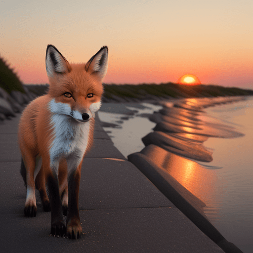 AI generated: A young fox at sunset on the shingle --s 1000