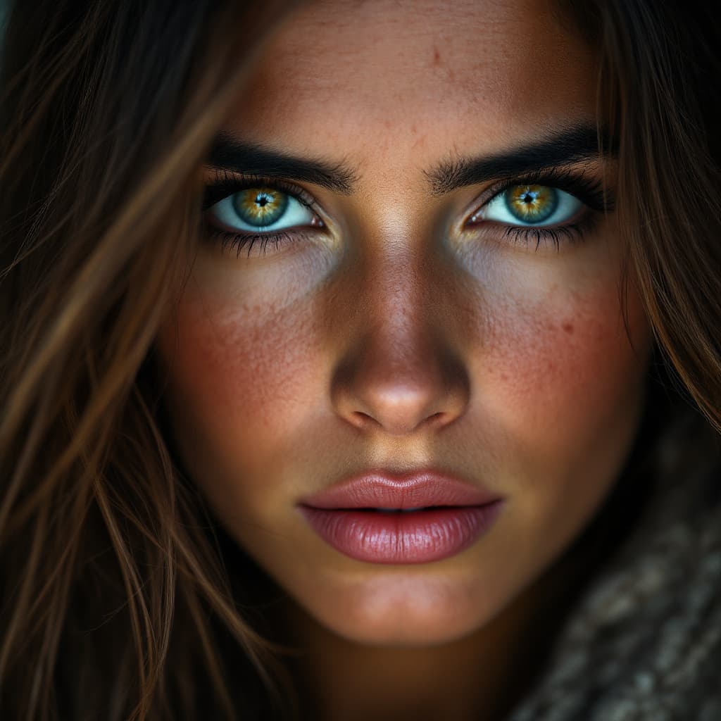 AI generated: Close-up portrait of a woman from Afghanistan, mixed face, no make-up just natural, with long hair, ...