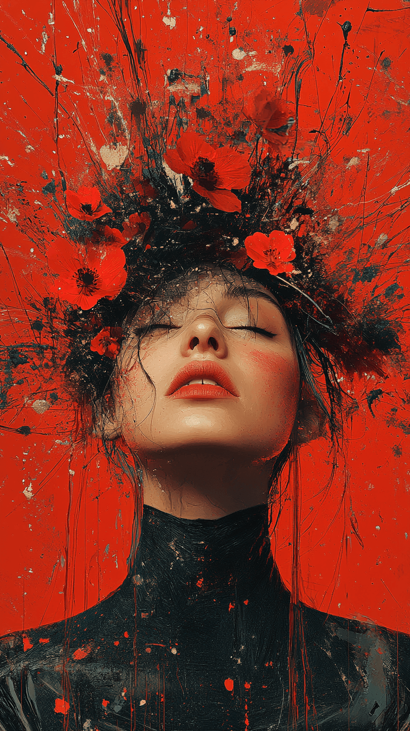 AI generated: An artistic collage of an avant-garde female model with abstract elements and flowers, against a vib...