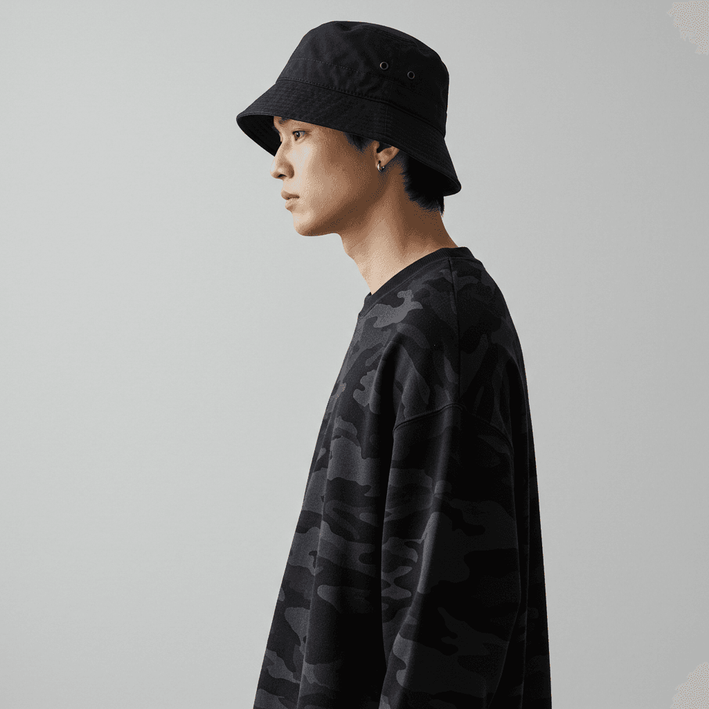 AI generated: korean streetwear editorial a man in profile wears a dark bucket hat and oversized black camo sweats...