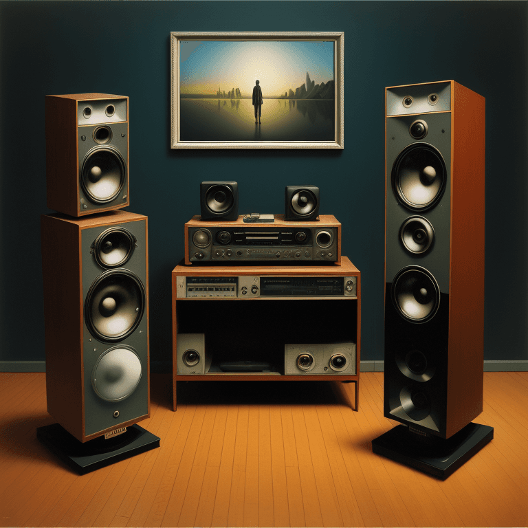 AI generated: music Album cover picture, surreal art, oil picture, speaker,  electronic, 1980