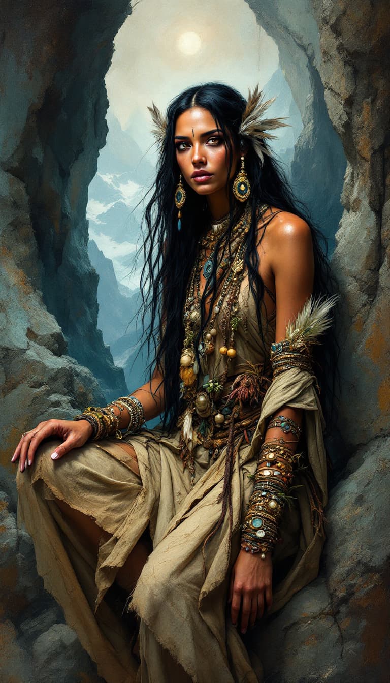 AI generated: "Lapis Shaman in a Mountain Sanctuary": A compelling abstract painting captures a shaman, with a ble...