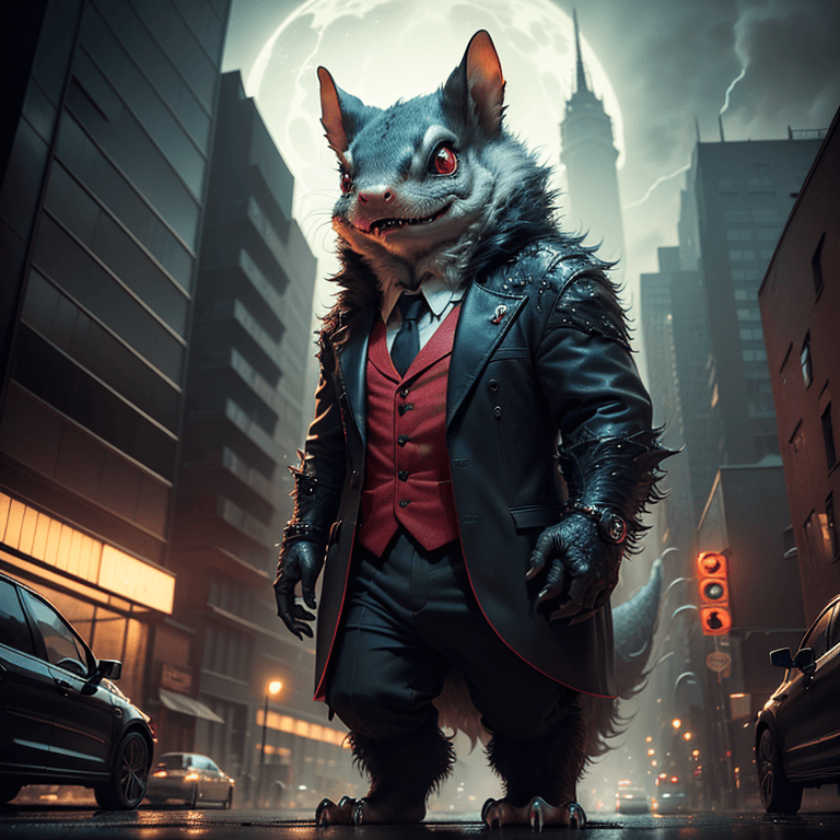 AI generated: haunting alien creature that looks like a monstrous giant shrew with many fangs, reddish eyes, urban...
