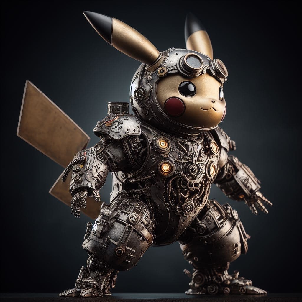 AI generated: pikachu is a steampunk high detailed metal robot,high detailed, shiny,glow,greg rutkowski, full body...