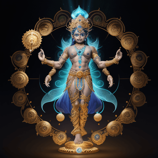 AI generated: Full Body of handsome blue hindu god vishnu with four hands, ornate gold crown and jewelry, majestic...