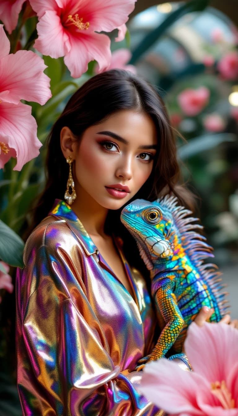 AI generated: a closeup photo of a gorgeous model wearing a shimmering metallic blouse with a huge iridescent rain...
