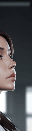 AI generated: photo realistic, modern woman striking a pose looking up, index finger to her chin, thinking "I forg...