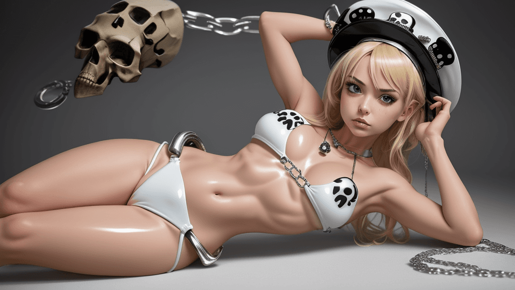 AI generated: a flawless girl dressed in a cosplay costume, adorned with an latex hat, is laying on a white platfo...