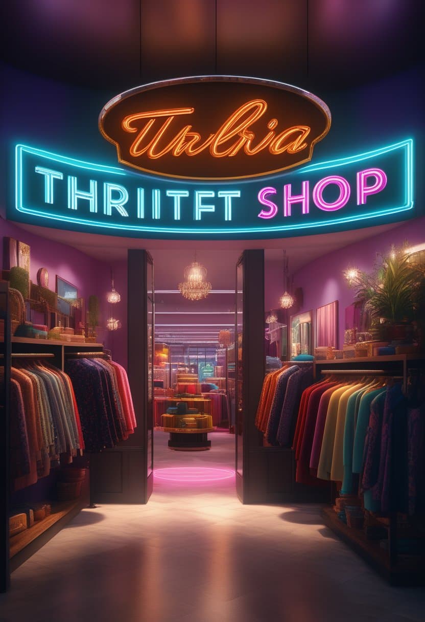 AI generated: picture of an ultra realistic thrift shop store, round shape, colorful, dramatic light, pale, trendi...