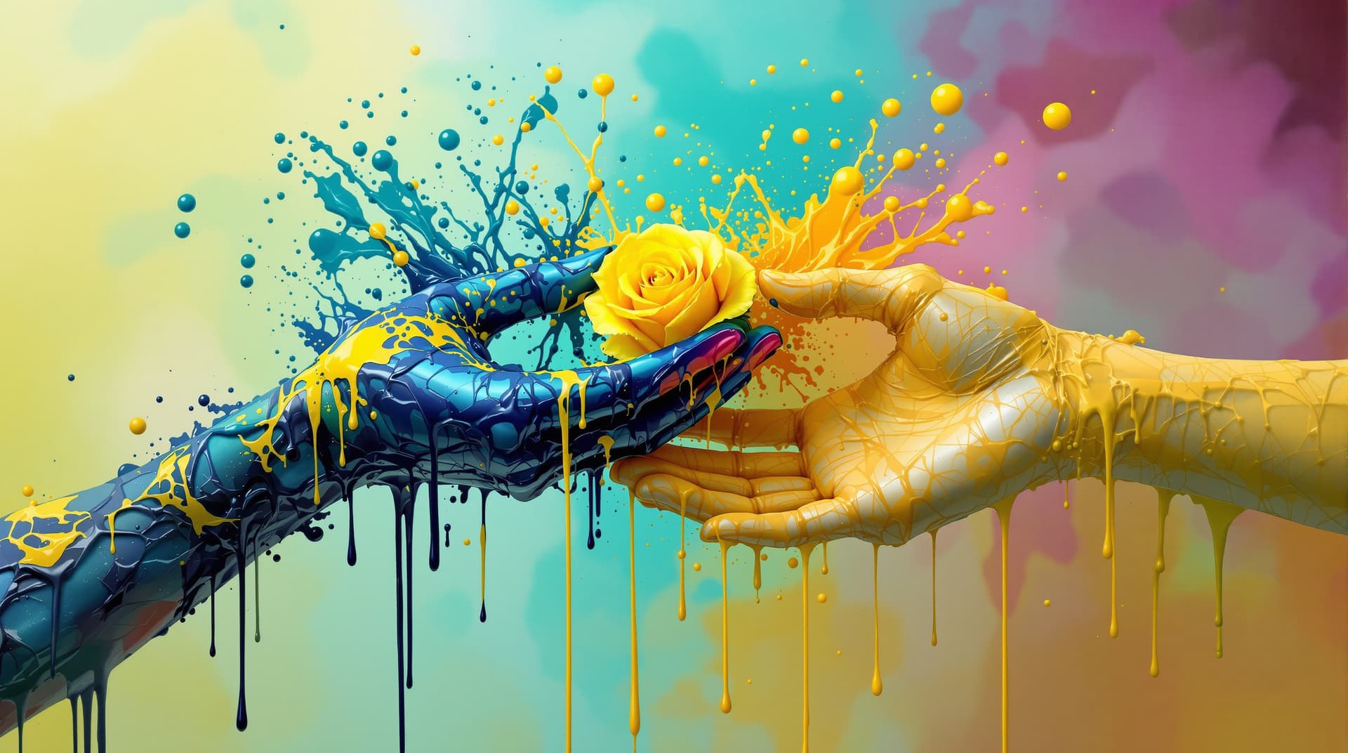 AI generated:  random pose,  two hands hyper realistic with asiatic tatoo skin, giving   a  yellow  rose ,the flow...
