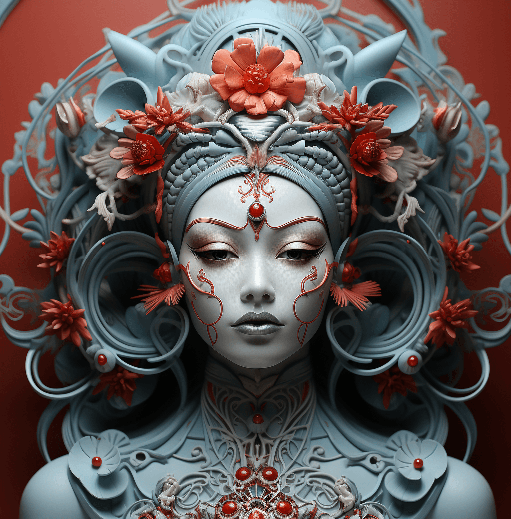 AI generated: a woman with an oriental face in photoshop and psd wuxia tanhao, in the style of natalie shau, teal ...