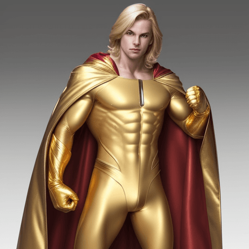 AI generated: male super hero named champion blond hair, no symbol, skin tight gold suit, gold cape, gold gloves
