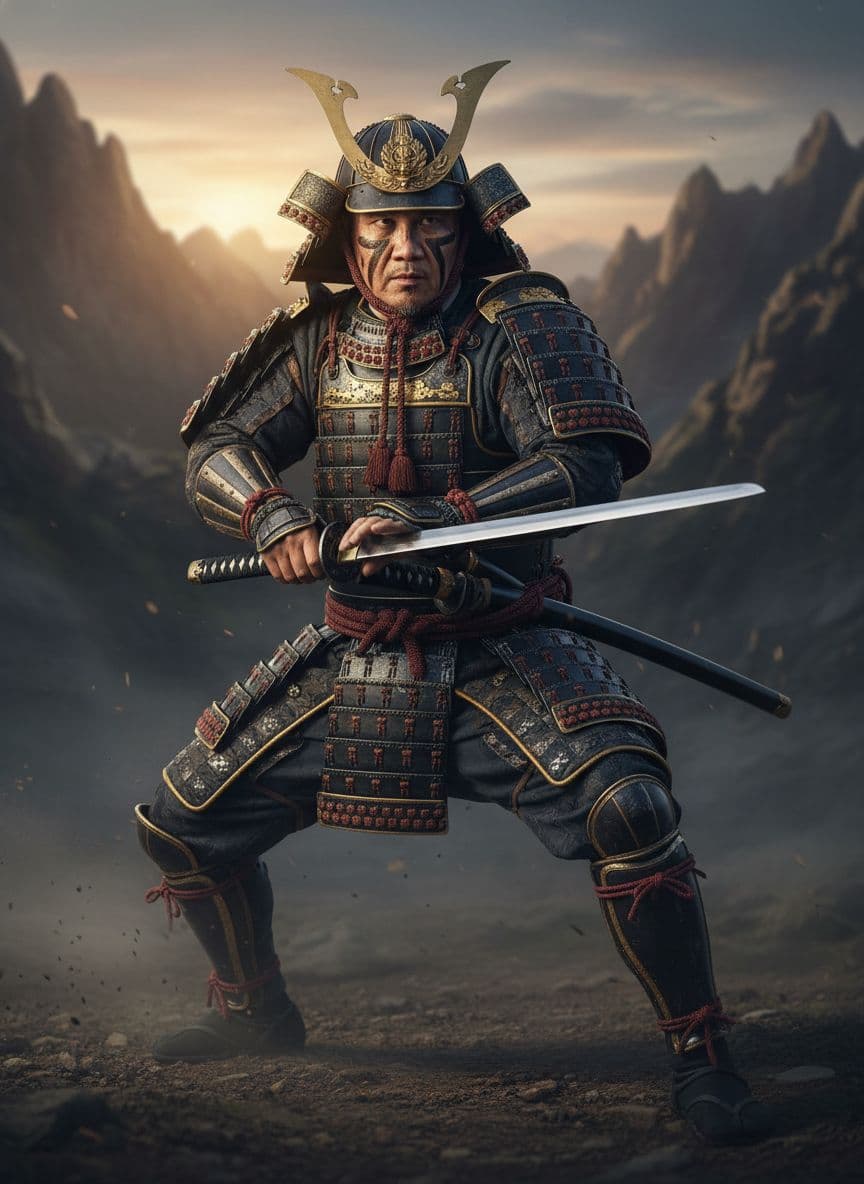 AI generated: A man (face image provided) , likely of Asian descent, ready to fight position. Wearing intricate tr...