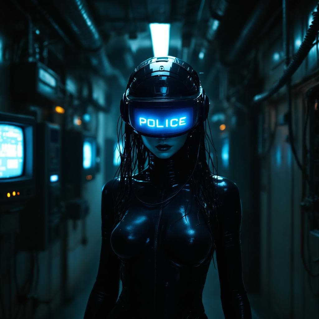 AI generated: 3 quarter angle of a  futuristic cyberpunk humanoid facing the camera  with a sleek black latex body...