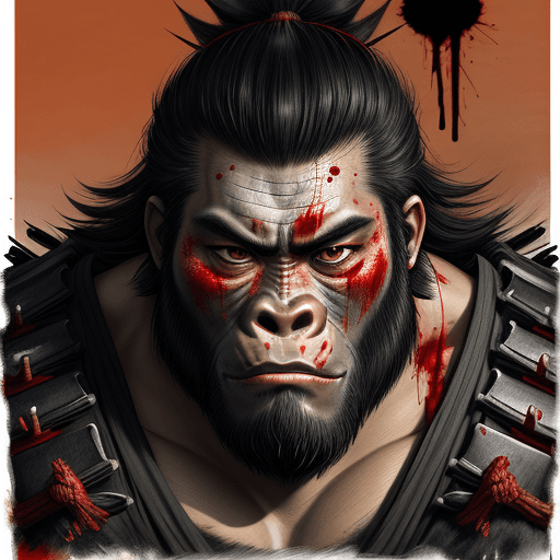AI generated: A portrait of a samurai, Gorilla, short messy hair, visible battle scars, blood splatter, empty expr...