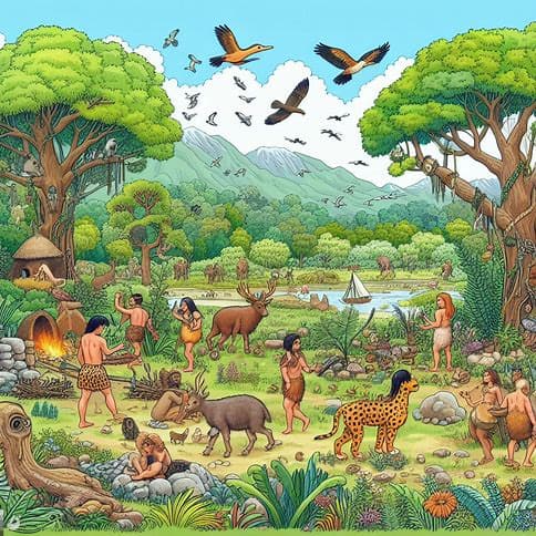AI generated: please generate a wide image "Create an image depicting prehistoric human life, with natural scenery...