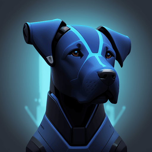 AI generated: A stylized robo-themed illustration of a Labrador dog head, seen directly from the front, in a blue ...