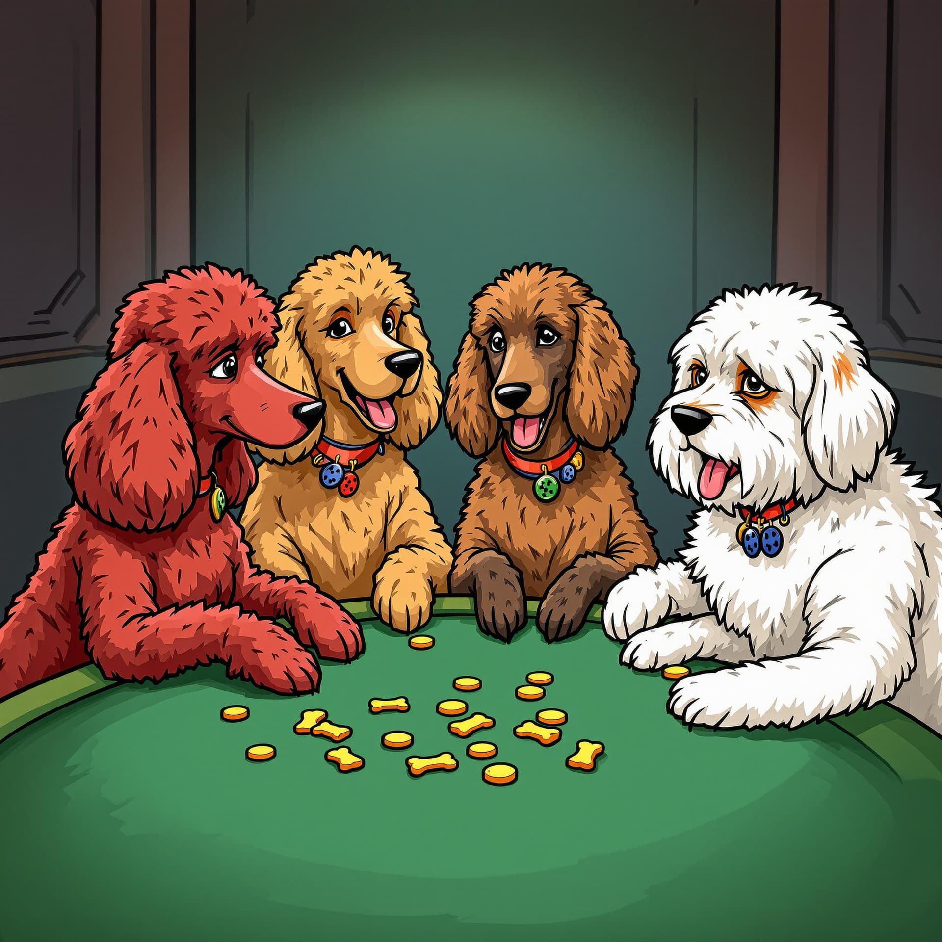 AI generated: a red standard poodle, an apricot standard poodle, a black standard poodle and a white shih tzu play...