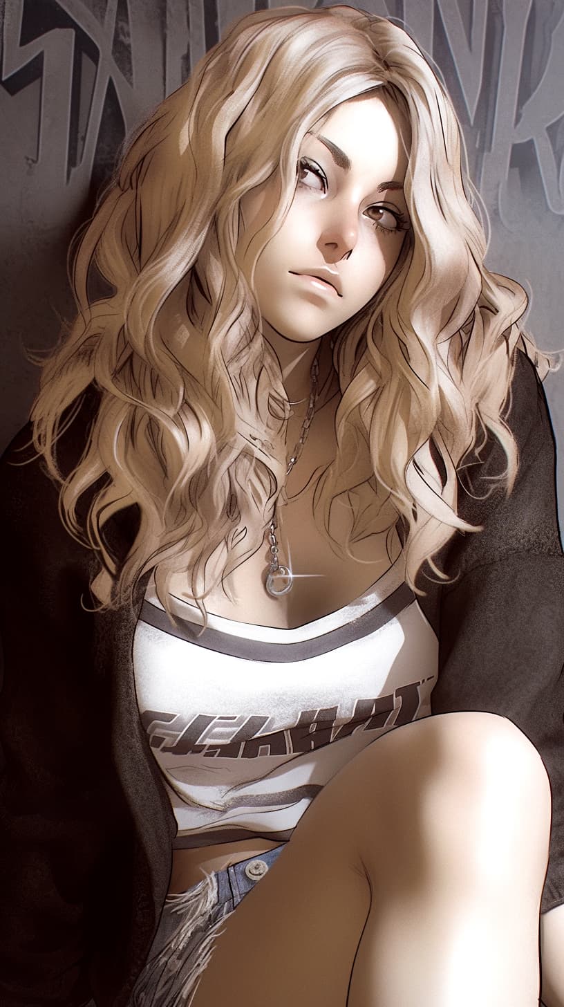 AI generated: Pretty female sitting against a mural wall, wearing tank top and black coat, with blonde wavy hair, ...