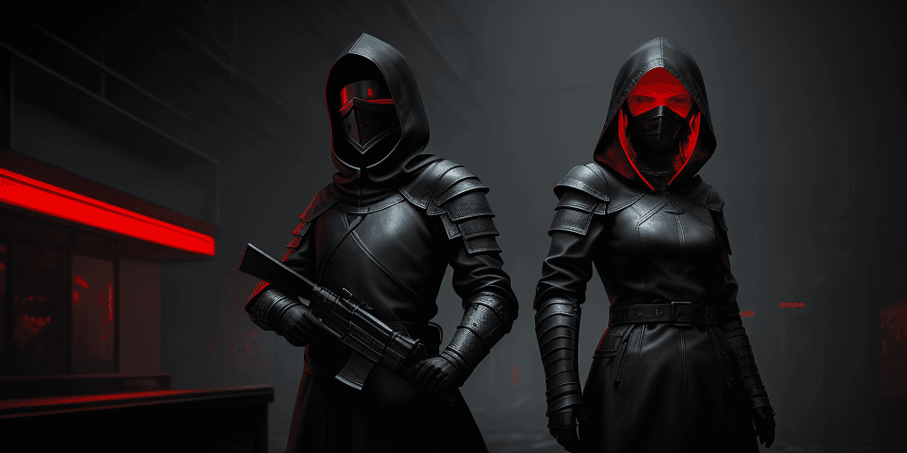 AI generated: Slavic very young man and woman knights, no helmet, wearing black matte battle armor with black leat...