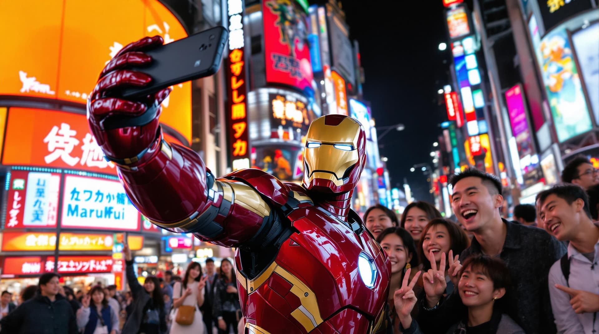 AI generated: Ironman in His iconic suit, casually taking a selfie with a group of excited Japanese citizens in a ...